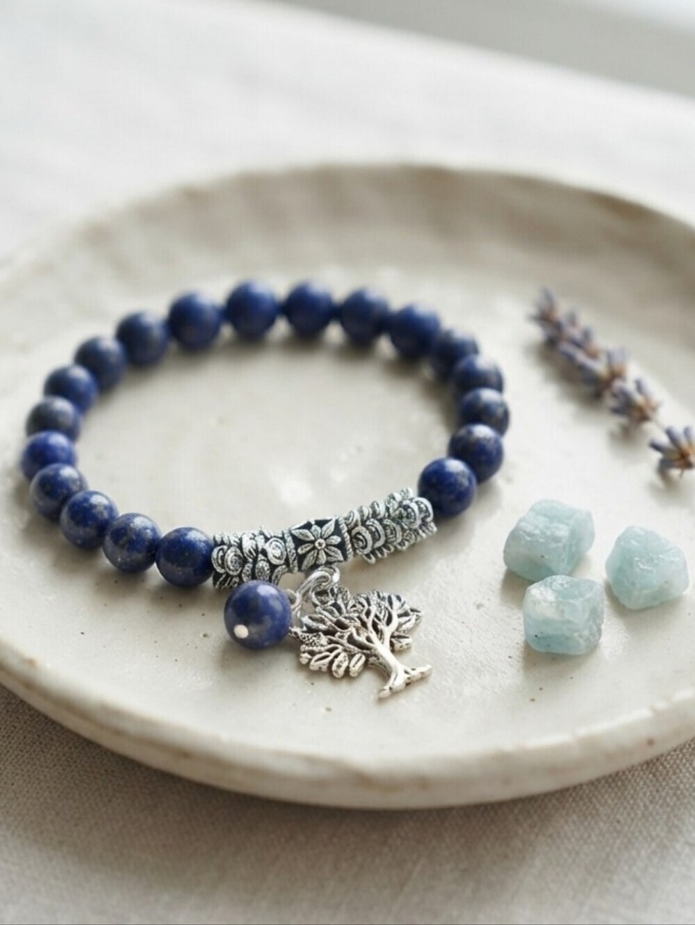 Lapis Lazuli 8mm Beaded Stretch Bracelet Silver Tree of Life Boho Naturecore